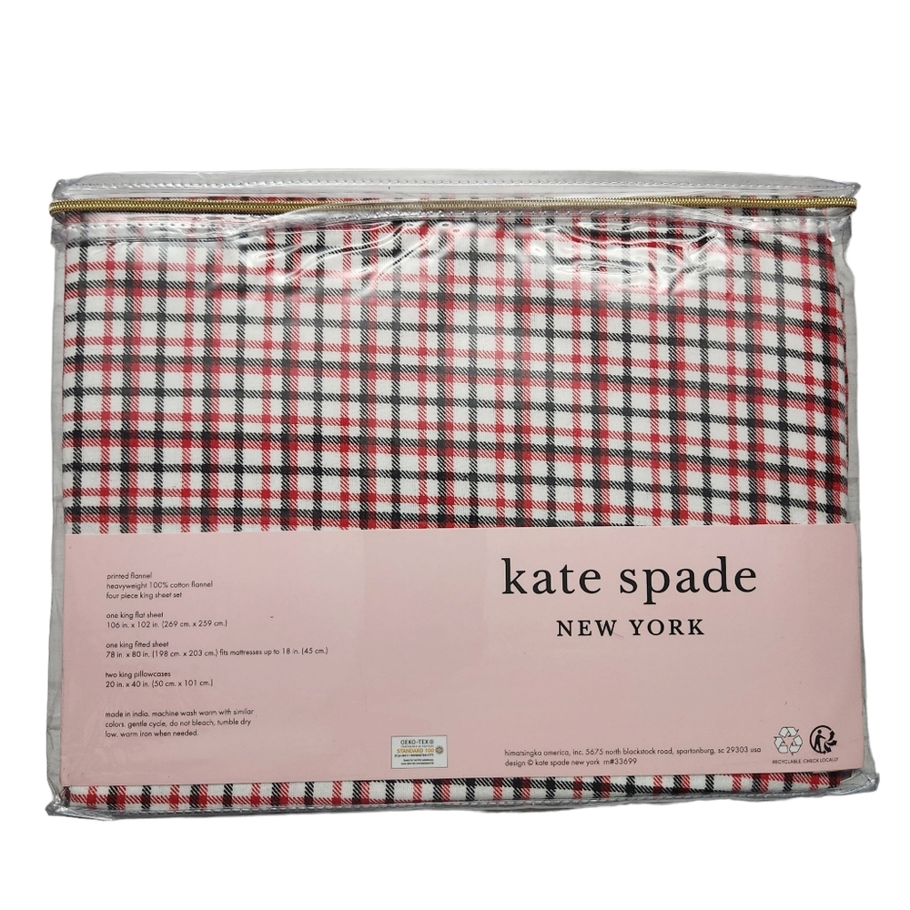 Kate Spade NY 4 Piece Flannel Sheet Set 100% Cotton Plaid Red Black King Size